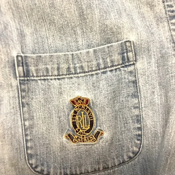 Womens Large Polo Ralph Lauren Denim Logo Shirt Long Sleeve Shirt Vintage - Picture 3 of 11